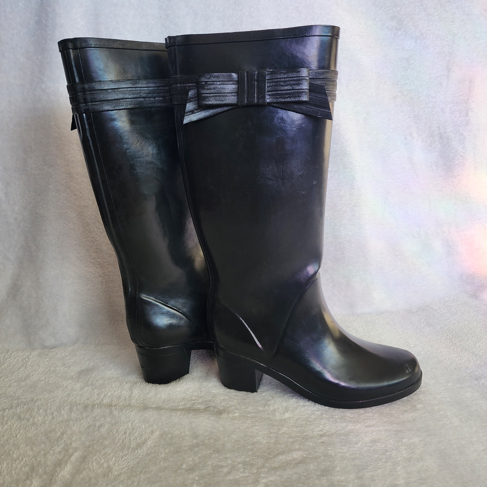 Kate Spade Size 9 Black New York Heeled Rain Boots W/Bow
